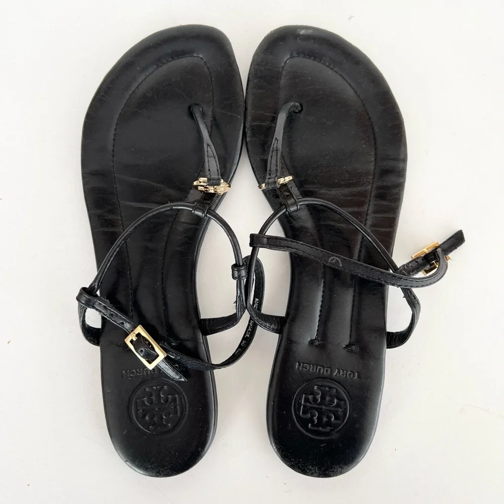 Tory Burch Emmy T-Strap Leather Sandals in Black with Gold Logo, size 6M - Picture 9 of 9